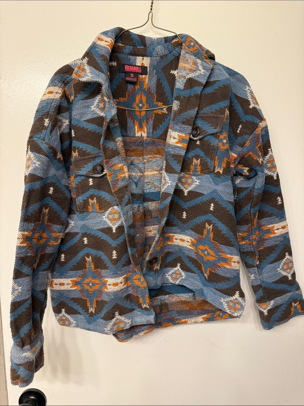 Aztec Pattern Button-Front Jacket - Brown & Blue